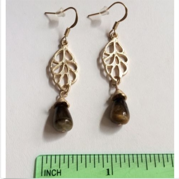 Gold Tiger Eye Stone Earrings Brown Stone Leaf - Picture 6 of 7